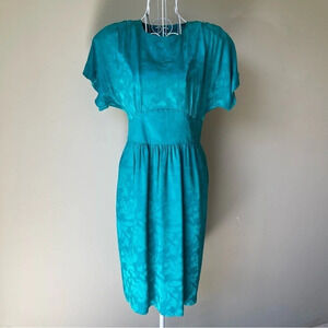 Turquoise silk studio jacquard vintage midi padded shoulder dress